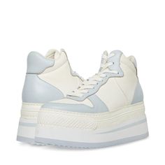 Give your sneaker style some added height in the Steve Madden® Brodiee Sneaker. Lace-up closure offers a secure fit. Classic round toe silhouette. Padded collar for added support. Contrasting color on toe, heel and cuff. Chunky platform sole. Suede, leather, textile upper. Textile and synthetic lining. Synthetic outsole. Imported. STOCK IMAGES: actual item may look a bit different. Order half a size larger than normal for wide feet; normal size for regular or narrow feet. If you don't know your High Top Wedge Sneakers, Shoes Steve Madden, Sneakers Athletic, Chunky Platform, Wedge Sneakers, Adidas Tubular Defiant, Womens Sneakers, Sneakers Fashion, Steve Madden