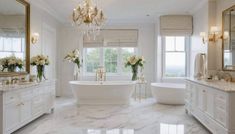 a large bathroom with marble flooring and white walls, chandelier above the bathtub