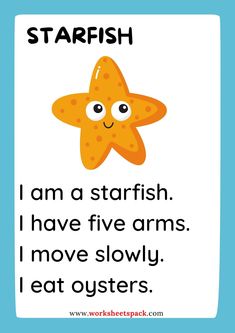 an orange starfish with the words, i am a starfish i have five arms move slowly eat oysters