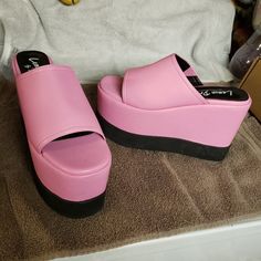 Unworn, Thewe Were The Wrong Size (Mismarked) From Dolls Kill. Marked As 7.5, In Reality Are A Size 9.5, The Footbed Is 10". Heel: 5", Platform: 4" In Original Box. Trendy Pink Synthetic Sandals, Trendy Pink Slip-on Wedge Sandals, Pink Open Toe Wedge Sandals, Pink Synthetic Wedge Sandals For Spring, Trendy Pink Cushioned Wedge Sandals, Pink Polyurethane Heels For Spring, Spring Pink Polyurethane Heels, Pink Platform Sandals With Round Toe, Pink High Heel Synthetic Sandals