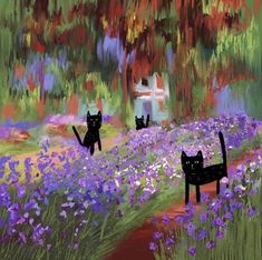 two black cats walking through a field of purple and pink flowers with trees in the background