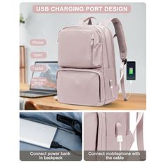 the usb charging port design backpack is shown with instructions for how to charge and use it