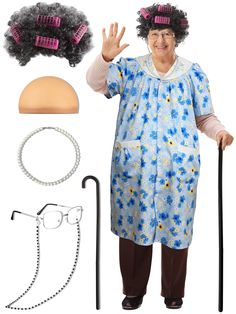 PRICES MAY VARY. Old Lady Costume Set for 100th day of School Package: you will get 1 piece of women short sleeve robe with print flower, piece of granny wig with 4 pieces of hair rollers, piece of grandma wig cap, 1 piece of granny glasses, 1 piece of eyeglass chains, 1 piece of granny faux pearl beads necklaces and 1 piece of adjustable crutches, enough to play the role of an old lady perfectly at a party; The old lady costume set will save your time and energy in matching Reliable Material: t Old Lady Costume For Kids, Old Lady Halloween Costume, Grandma Wig, Granny Wig, Granny Glasses, Grandma Dress, Granny Dress, Old Lady Costume, Kids Robes