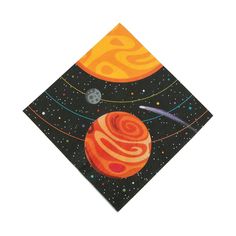 a napkin with an image of the planets and stars on it in orange, blue, yellow and black