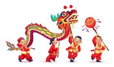 three people in red and yellow outfits are dancing with a dragon on their head, while another man is holding a stick