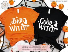 Good Witch Bad Witch Shirts , Halloween Shirts , Halloween Matching Shirts, Family Matching Halloween T shirts, Witch Shirt, Best Friends  Every order is carefully handmade and processed by our small team the same day we ship out. Our processing time is 1-3 business days. We will try to rush any orders with an upgraded shipping.  Price is per shirt, not as a set. ♥ HOW TO ORDER ♥ > Select the DESIGN/COLOR from the 1st drop-down menu. > Select the SIZE from the 2nd drop-down menu. > Then click AD Funny Pre-shrunk Shirt For Halloween, Pre-shrunk Themed Tops For Halloween, Cotton Shirt For Halloween Costume Party, Halloween Novelty Cotton Shirt, Novelty Cotton Halloween Shirt, Orange Cotton Shirt For Halloween, Orange Letter Print Shirt For Halloween, Witch Shirts, Halloween Matching