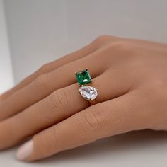 Double Stone Ring 2 Stone Engagement Ring Emerald Cut and - Etsy Iraq Green Teardrop Luxury Rings, Luxury Green Teardrop Ring, Luxury Teardrop Emerald Ring As Gift, Luxury Teardrop Emerald Ring For Gift, Luxury Pear-shaped Ring As Gift, Luxury Pear-shaped Ring For Gift, Luxury Pear-shaped Promise Ring, 2 Stone Engagement Ring, Double Stone Ring