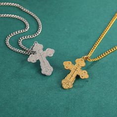 2 Orthodox crosses laser etched with 22” inch chains comes in 2 beautiful colors - gold and silver Made from stainless steel Dimensions: 1” x 1.4” inches Ships from the U.S. Engraved Stainless Steel Cross Necklaces, Nickel-free Gold Cross Necklace, Gold Stainless Steel Spiritual Cross Necklace, Gold Spiritual Cross Necklace In Stainless Steel, Gold Stainless Steel Cross Necklace With Adjustable Chain, Gold Cross Necklace With Nickel-free Cross Pendant, Gold Stainless Steel Cross Pendant Necklace, Gold Stainless Steel Crucifix Necklace, Gold Stainless Steel Cross Necklace For Gift