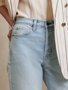 A fresh new spin on a classic denim silhouette, our designers updated our best-selling wide-leg cropped fit with a higher rise, more relaxed fit and slightly longer length, crafted in a sumptuously soft and sturdy organic cotton denim.  ULTRA HIGH + Everyday High Waist Cropped Jeans With Frayed Hem, Spring Cropped Mom Jeans With Frayed Hem, Spring Mom Fit Cropped Jeans With Frayed Hem, Medium Wash Cropped Leg Mom Fit Bottoms, Everyday Medium Wash Cropped Jeans, Medium Wash Mom Fit Cropped Bottoms, Spring Medium Wash Mom Fit Cropped Jeans, Spring High Rise Mom Fit Cropped Jeans, Mid-rise Washed Blue Cropped Jeans For Everyday