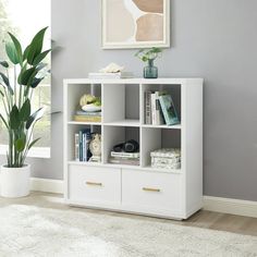 a white bookcase with three drawers in front of a window and a potted plant