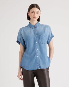 Chambray Tencel Short Sleeve Shirt Relaxed Fit Everyday Tops Made Of Tencel, Everyday Relaxed Fit Tencel Tops, Relaxed Fit Tencel Blouse For Work, Relaxed Fit Tencel Top For Work, Quince Blue, Quince Tops, Bella Dahl, Water Usage, Woven Top