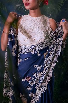 Indigo silk organza saree with floral, thread and cutwork applique embroidery. - Aza Fashions Organza Applique, Cutwork Saree, 3d Applique, Saree Blouses Online, Applique Top, Saree For Women, High Neck Blouse, Blouse For Women, Organza Saree