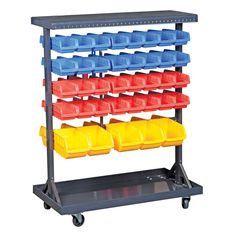 a rack filled with plastic containers on wheels