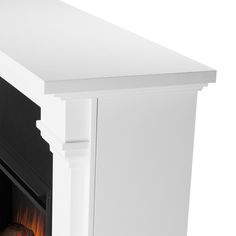 a white fireplace with an open door and fire in the center, on a white background