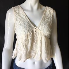 New With Tags Attached & Extra Buttons. Size Small 100% Rayon Hand Wash Cream Color Floral Lace Designs Plunging Neck, Button Up, Open Back Tags: Trendy Gypsy Festival Bohemian Vintage Chic Crop Top Feminine V-neck Lace Top For Summer, Feminine Buttoned Tops For Beach, Feminine Buttoned Tops For The Beach, Beige Feminine Lace Top For Summer, Feminine Beige Lace Top For Summer, Feminine Summer Lace Top With V-neck, Summer Feminine V-neck Lace Top, Elegant Cropped Lace Top For Summer, Cream Lace Top With Ruffles For Summer