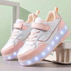 Cute Pastel LED Roller Sneakers - Pastel Kitten Casual Light-up Sneakers With Round Toe, Pink Skate Shoes For Light Sports With Round Toe, Pink Round Toe Skate Shoes For Light Sports, White Light-up Sneakers With Round Toe, Roller Sneakers, Cute Pastel, Led Light, This Is Us, Kittens