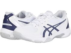 a pair of white and blue tennis shoes on a white background with the word asics above it