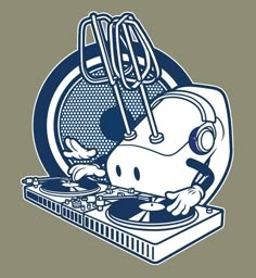 a cartoon character dj mixing music with headphones and record player on the turntable