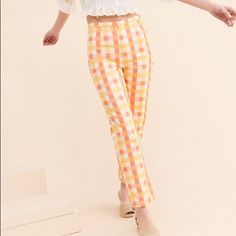 Free People She’s All That Plaid High Waist Crop Pants, New With Tags, Size 4 With A Fun Orange, Coral, Yellow, White Plaid Pattern. Let Me Know If You Have Any Questions! :) Yellow Ankle-length Pants With Elastic Waistband, Retro Ankle-length Pants For Spring, Chic Yellow Pants With Elastic Waistband, Yellow Straight Leg Bottoms With Elastic Waistband, Yellow Cotton Bottoms For Spring, Chic Yellow Bottoms For Spring, Chic Yellow Spring Bottoms, Retro Spring Pants For A Day Out, Retro Pants For Spring Day Out