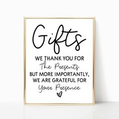 a black and white poster with the words gifts written on it in cursive writing