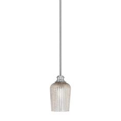 a glass light hanging from the ceiling with a metal rod and an acrylic shade