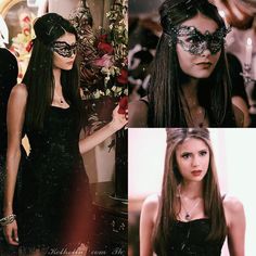 two pictures of a woman wearing a mask and one with long hair, the other in black