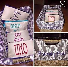 three pictures of different types of pillows in baskets with names on the front and back