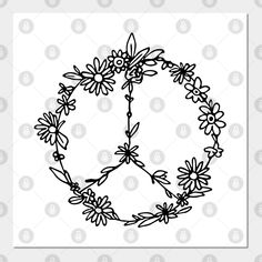 a black and white drawing of a peace sign with daisies in the middle, surrounded by flowers