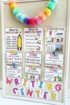 a bulletin board with writing center on it