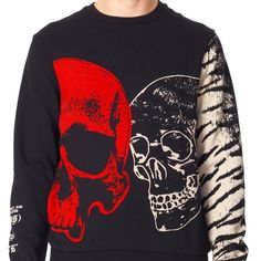 100% Cotton Crewneck Printed Black Crew Neck Sweatshirt With Skull Print, Black Cotton Sweatshirt With Skull Print, Black Skull Print Sweatshirt For Winter, Black Long Sleeve Sweatshirt With Skull Print, Edgy Black Graphic Print Sweatshirt, Edgy Black Sweatshirt For Fall, Edgy Black Streetwear Sweater, Black Long Sleeve Tops With Skull Print, Black Crew Sweatshirt With Graphic Print