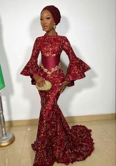 Eid Poses, Nigerian Bridesmaid Dresses, Bazin Styles, Model Wax, Lace Dress Outfit, Dresses With Long Sleeves