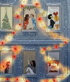 an animated christmas scene with people looking out the windows at snow and lights on them