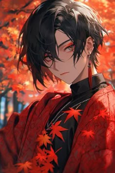 an anime character with black hair and red leaves on his head, standing in front of a tree