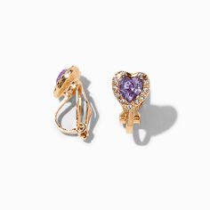 Show some love with these clip-on beauties. The heart-shaped earrings have purple faux crystal hearts that are surrounded by faux crystals in a halo design.Finish: Gold-toneClosure: Clip on Material: Plastic - Claire's Purple Heart Halo Clip-On Stud Earrings Fun Clip On Earrings, Fun Clip, Heart Halo, Fake Glasses, Halo Design, Mixed Metal Jewelry, Purple Jewelry, Jewelry Hair, Chunky Jewelry