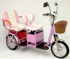 a pink tricycle with two seats and a basket on the back is against a white background