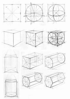 various shapes and sizes of an object drawn in pencil on a white paper with black lines