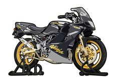 a drawing of a black and yellow motorcycle on a white background with gold rims