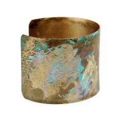 Adjustable 3" wide cuff - Patina with gold and bronze embossing and hand painting along with an iridescent shimmer (not easily seen in the photographs). This cuff really makes a statement and is adjustable to your arm, making it a very comfortable piece of jewelry to wear. Unique Gold Etched Cuff Bracelet, Adjustable Gold Artistic Cuff Bracelet, Artsy Adjustable Gold Bracelets, Artsy Adjustable Gold Bracelet, Adjustable Patina Cuff Bracelet Wearable Art, Adjustable Artsy Gold Bracelet, Artistic Patina Cuff Bracelet As Gift, Adjustable Patina Cuff Bracelet, Adjustable Gold Cuff Bracelet With Patina