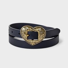 Whether you want to make a fashion statement or simply add a touch of style to your ensemble, this Girls' Western Heart Buckle Belt - art class™ Black/Gold is the perfect choice. This features a gold heart shaped buckle that adds a charming appeal. With adjustable lengths, it can be easily tailored to fit different waist sizes for a comfortable and secure fit. Flutter with style and confidence with the heart belt from art class™. art class™: One-of-a-kind looks for the one and only you. Heart Belt, Hard To Love, Belt Shop, Chain Belt, Buckle Belt, Hwang Hyunjin, Gold Heart, Heart Of Gold, Black Belt