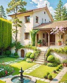 a house with a fountain in front of it and lots of greenery on the lawn