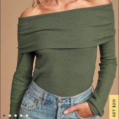 Lulus Olive Green Off The Shoulders Top Size Small True To Size Long Sleeve New With Tags Green Off Shoulder Top Outfit, Green Off-shoulder Tops For Fall, Green Blouse Outfit, Off The Shoulder Top Outfit, Shoulder Tops Outfit, Novel Inspiration, Olive Green Top, Olive Green Blouse, Full Sleeve Top