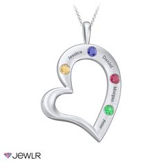 This tilted heart pendant swells with the names of loved ones and dazzling stones. Personalize this heart pendant with your choice of engravings and birthstones or Brilliance cubic zirconia. Available in a variety of lengths, customize this necklace in sterling silver, white, yellow, or rose gold. Name Necklace For Anniversary Gift, Sterling Silver Open Heart Birthstone Necklace, Personalized Double Heart Cubic Zirconia Necklace, Personalized Sterling Silver Birthstone Necklace With Heart Pendant, Sterling Silver Heart Pendant Birthstone Necklace, Personalized White Gold Pendant Birthstone Necklace, Sterling Silver Heart-shaped Birthstone Necklace, Sterling Silver Birthstone Necklace With Heart Charm And Pendant, Silver Heart-shaped Birthstone Necklace For Anniversary