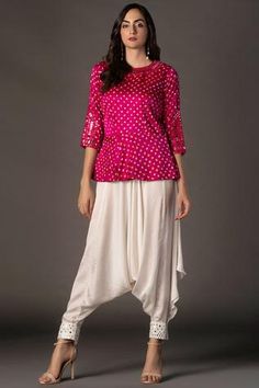 Shop for Twenty Nine Pink Gajji Silk Bandhani Peplum Top for Women Online at Aza Fashions Draped Pants, Pink Peplum Top, Bandhani Dress, Lehenga Designs Simple, Kurti Designs Latest, Long Kurti Designs, Indo Western Dress, Kurta Designs Women, Embroidery Suits Design