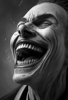 an evil looking man with his mouth open and teeth wide open, in black and white