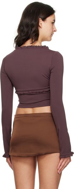 Stretch nylon jersey T-shirt. · Ruffles throughout · Square neck Supplier color: Plum Brown Long Sleeve Sporty Tops, Sporty Stretch Brown Tops, Sporty Brown Stretch Top, Sporty Brown Long Sleeve Tops, Stretch Ruffle Tops For Layering, Sporty Brown Tops For Spring, Sporty Brown Top For Spring, Fitted Brown Tops With Ruffles, Brown Stretch Athleisure Top