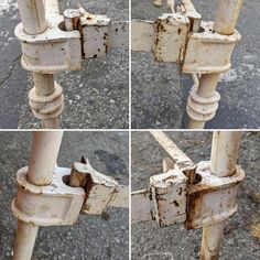 four pictures of rusted metal posts with holes in the middle and one showing where they are