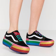 Vans Old Skool Stacked Platform Sneaker | Nordstrom Vans Takes The Old Skool Sneaker To Another Level Of Cool By Stacking It Up On A Chunky Platform And Waffle-Tread Sole.Lace-Up Style Textile Upper/Textile And Leather Lining/Rubber Sole Imported Women's Shoes Item #5992200 Black Platform Vans, Iridescent Shoes, Pride Shoes, Rainbow Sneakers, Glitter Rainbow, Red Vans, Rainbow Shoes, Pink Vans, Floral Sneakers