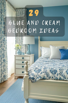 a blue and cream bedroom with white furniture