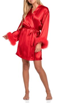 Fluffy marabou cuffs frame a flirty wrap robe cut from luxuriously smooth satin in a fiery hue. 33 1/2" length Open front Long sleeves Removable tie belt 100% polyester with marabou feather trim Dry clean Imported Marabou Robe, In Bloom By Jonquil, Steve Madden Sneakers, Feather Trim, Sweaters And Leggings, Comfortable Sandals, Comfortable Dress, Tie And Pocket Square