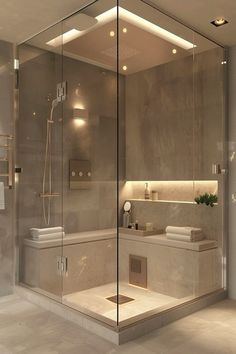 a bathroom with a walk in shower next to a white toilet and sink under lights